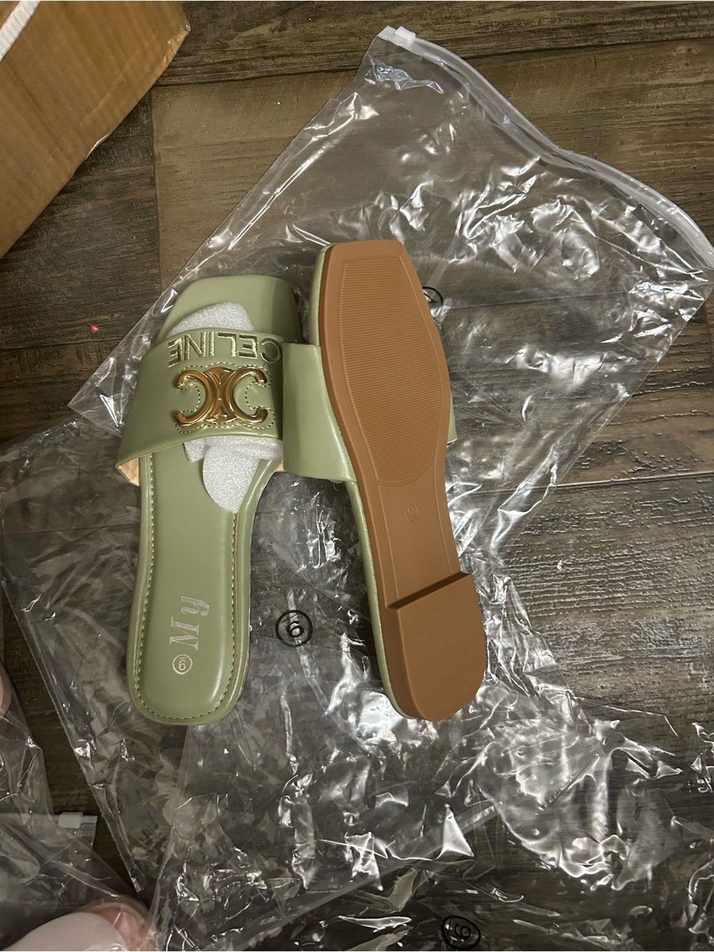 Celine Sage Green Logo Slide Mules with Gold Hardware - Picture 3 of 3